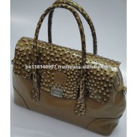 Leather Satchel Bag with Faux Ostrich